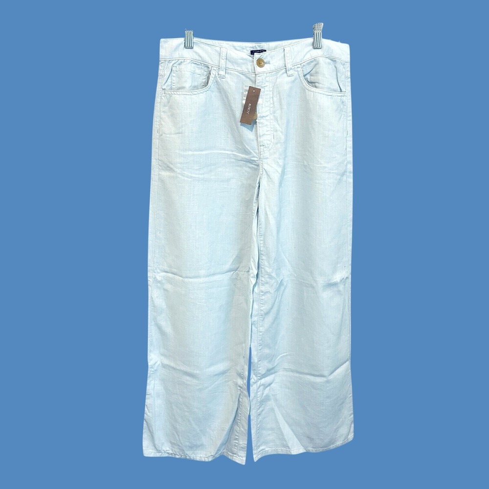 New J.Crew Wide Leg Ankle Pants Women M 29x26 Blue Linen Blend High Waisted